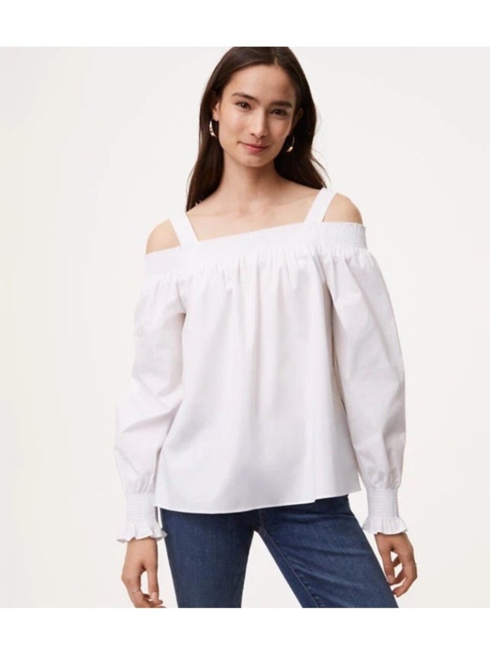 Ann Taylor Loft Medium White Smocked Off Shoulder Blouse Top Removable Straps